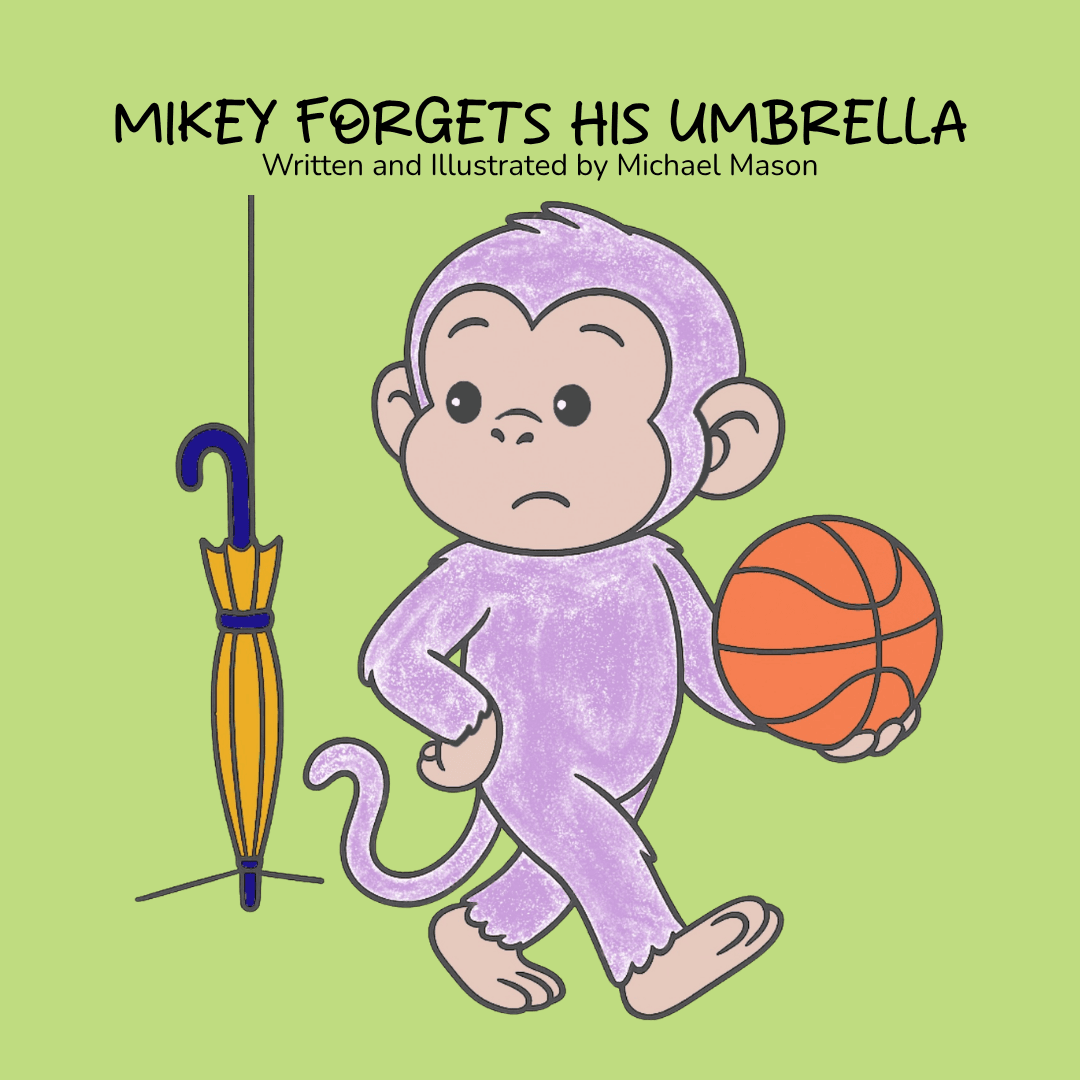 Book cover: Mikey the purple monkey caught out in the rain without an umbrella, on a green background.