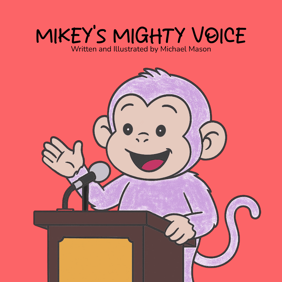 Book cover: Mikey the purple monkey speaking into a microphone at a podium, waving, on a coral background.