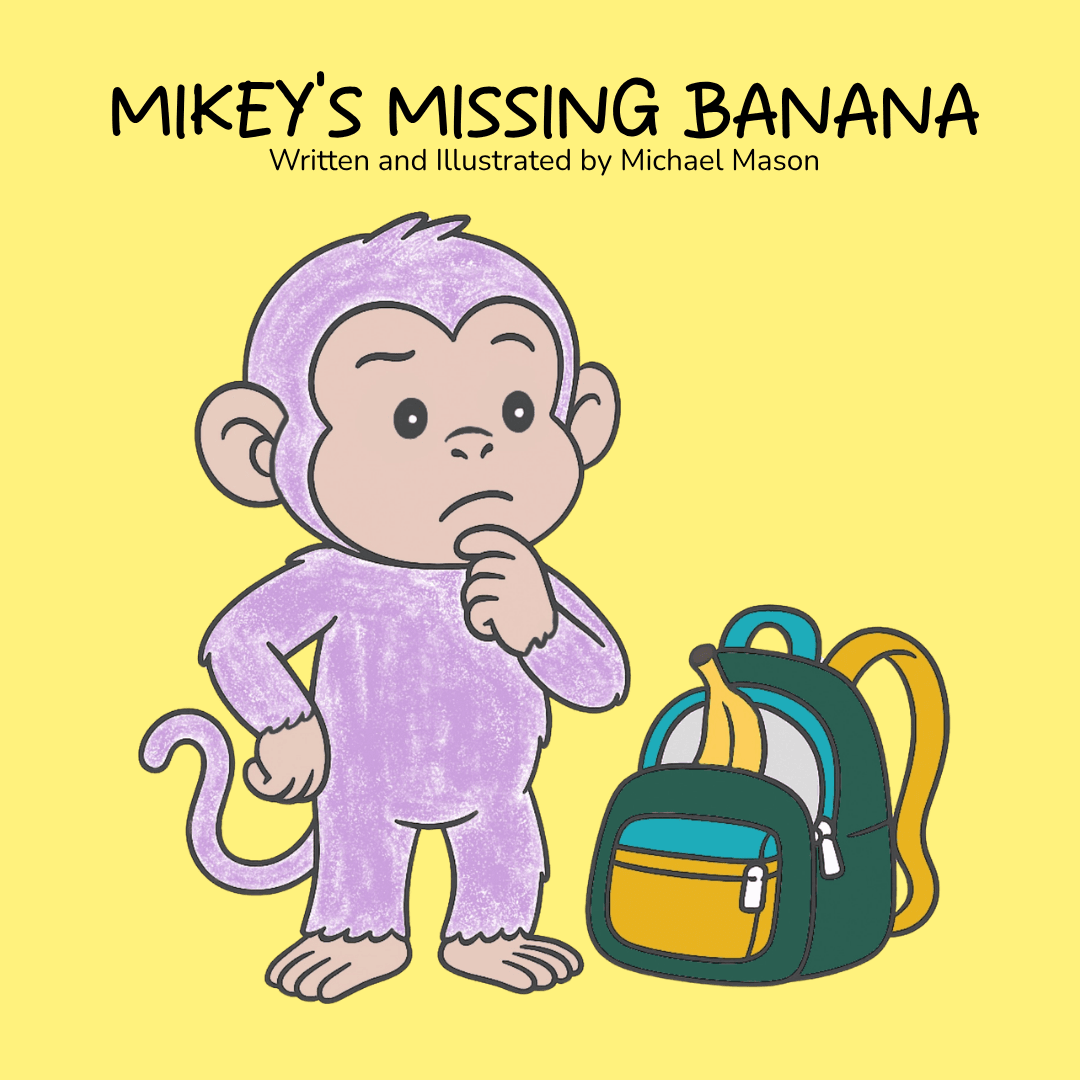 Book cover: Mikey the purple monkey looking puzzled beside a backpack with a banana in it, on a yellow background.