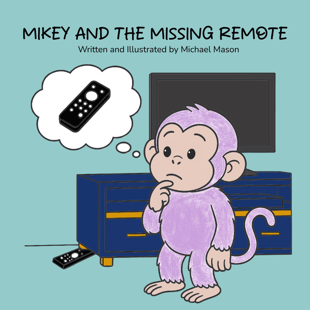 Book cover: Mikey the purple monkey searching the living room for the missing TV remote, on a teal background.