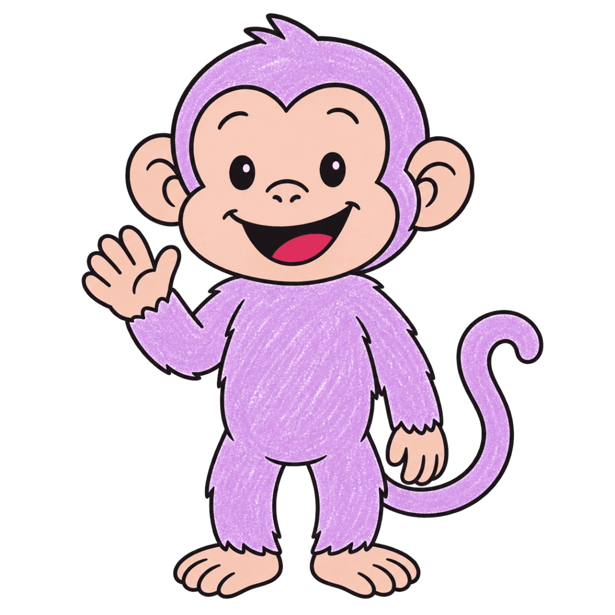 Mikey the purple monkey, smiling and waving hello